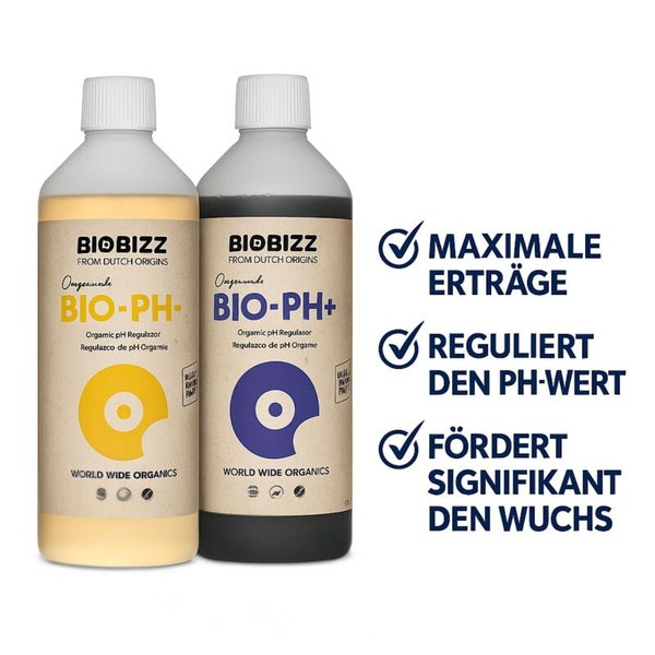 Biobizz Bio-pH- und Bio-pH+ Flaschen zur Regulierung des pH-Werts für maximale Erträge und signifikantes Pflanzenwachstum.