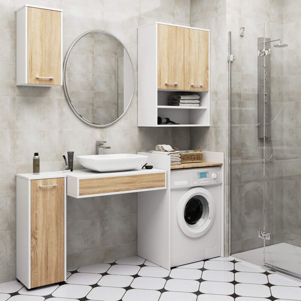 Modernes Badezimmer mit Waschmaschine, Waschtisch, Spiegelschrank und Dusche