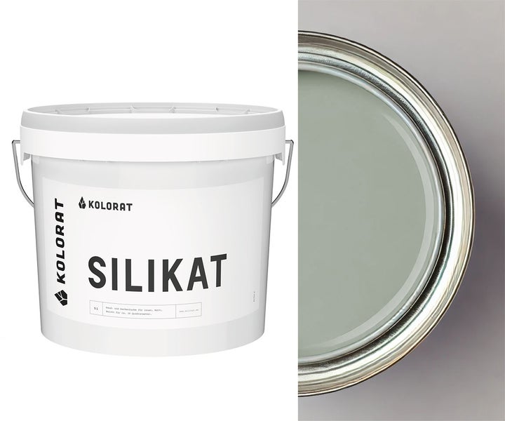 Ein Eimer mit Kolorat Silikat Wandfarbe für den Innenbereich, fünf Liter Inhalt, mit Blick auf die geöffnete Dose und den Farbton.