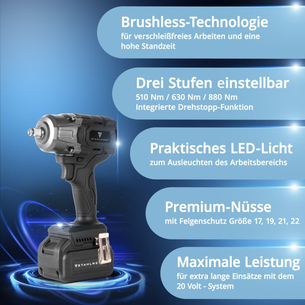 Stahlwerk Akku Schlagschrauber mit Brushless Motor, drei Drehmomentstufen bis 880 Newtonmeter, LED Licht und Schlagschraubernüssen mit Felgenschutz.