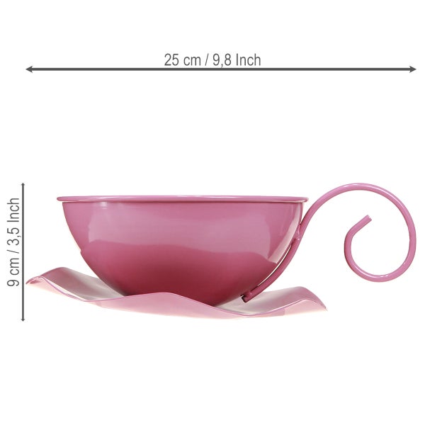 Dekorative rosa Pflanzschale in Tassenform aus Metall, Breite 25 Zentimeter, Höhe 9 Zentimeter.