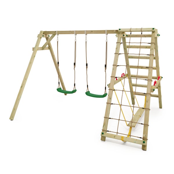 WICKEY Kinderschaukel Schaukelgestell Smart Hike , Schaukel mit Kletteranbau und Schwebebalken, Doppelschaukel, Holzschaukel - grün