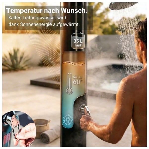 Solardusche mit 35 Liter Tank, Wassererwärmung bis zu 60 Grad Celsius durch Sonnenenergie, im Garten am Pool.