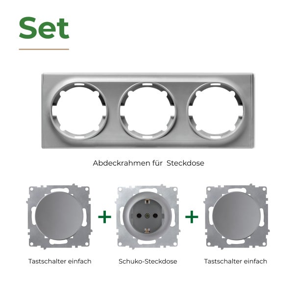 Set bestehend aus dreifachem Abdeckrahmen, zwei Tastschaltern und einer Schuko Steckdose für die Unterputzinstallation