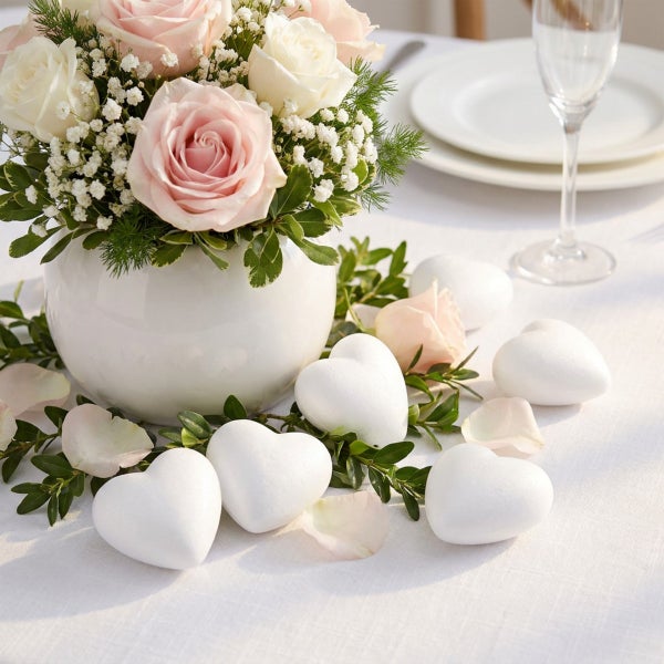 Festliche Tischdekoration mit Blumenstrauß in weißer Vase und Dekoherzen auf einem weißen Tischtuch für eine Hochzeit oder Feier.