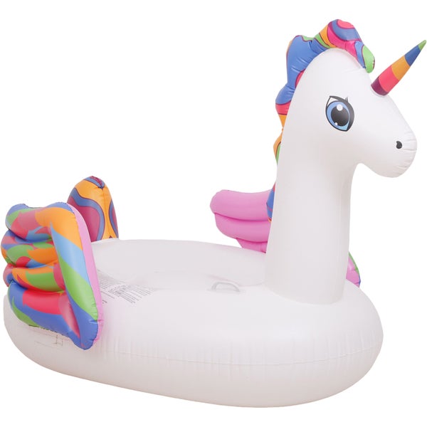 Aufblasbares Einhorn-Reittier für den Pool mit bunten Flügeln und Mähne.