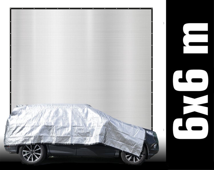 Silberne Abdeckplane 6 mal 6 Meter für Autos mit verstärktem Ösenrand.
