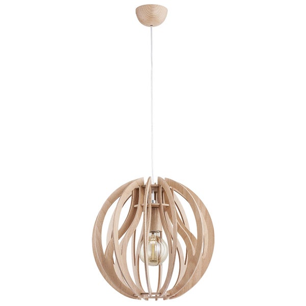 Moderne Hängeleuchte aus Holz in Kugelform mit einer E27 Lampenfassung für eine stilvolle Innenbeleuchtung.