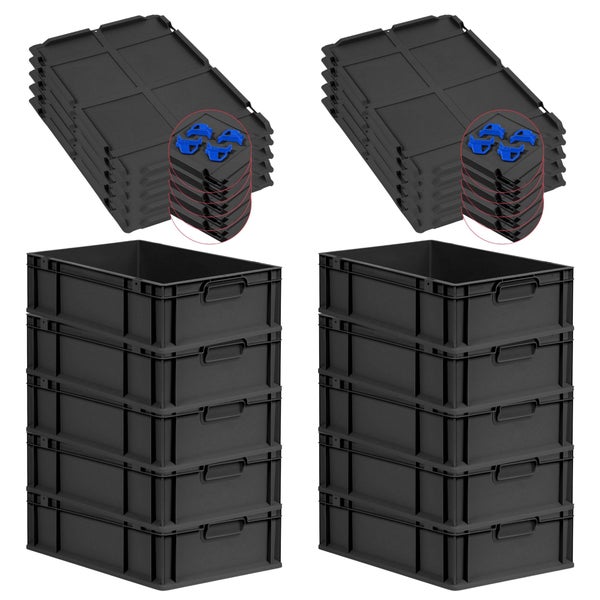 PROREGAL SparSet 10x Eurobox NextGen Grip mit Auflagedeckel inkl. 4 blauen Schiebeschnappverschlüssen, HxBxT 17x40x60cm, 34 Liter, Schwarz, Griffe geschlossen, Eurobehälter, Transportbox, Transportbehälter, Stapelbehälter