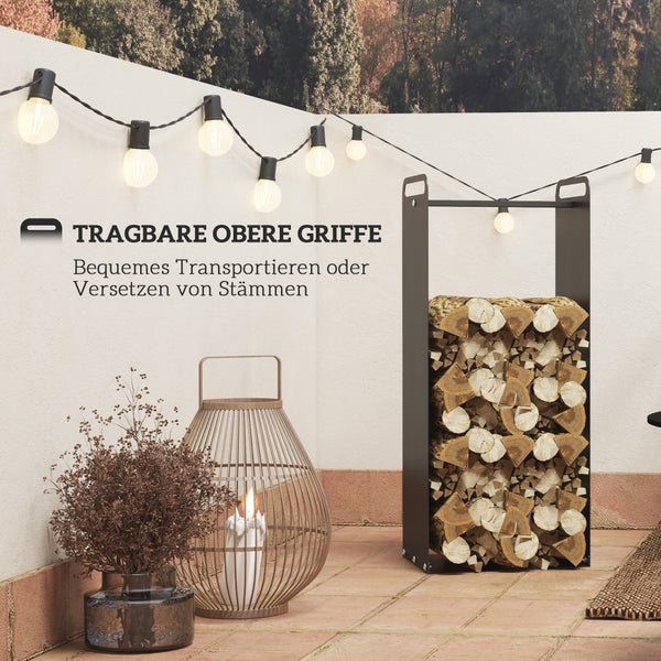 Outsunny Kaminholzregal, mit Griffe, für Outdoor, Indoor, bis 30 kg, 36 x 30 x 90 cm, Stahl, Schwarz