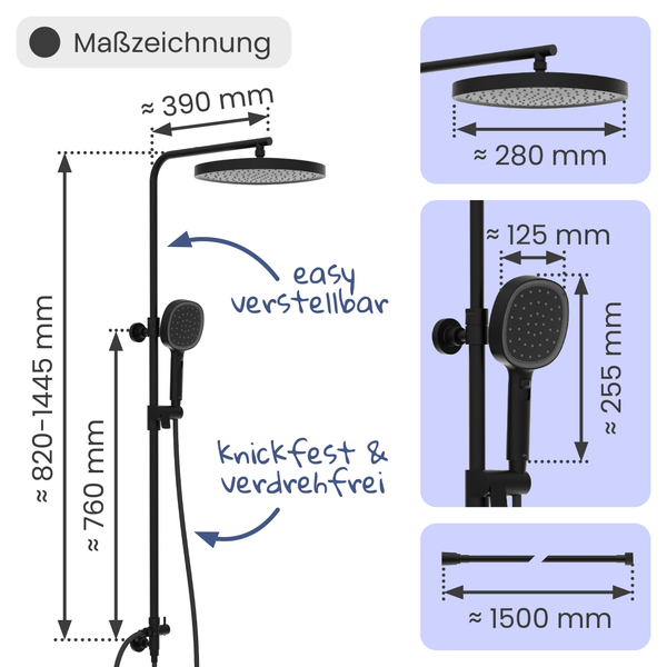 Maßzeichnung schwarzes Duschsystem: Höhe circa 820 bis 1445 Millimeter, Kopfbrause circa 280 Millimeter, Brauseschlauch circa 1500 Millimeter.