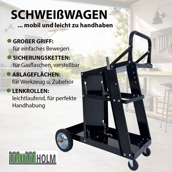 Schweißwagen mit Griff, Sicherungsketten für Gasflaschen, Ablageflächen für Werkzeug und Lenkrollen von Trutzholm
