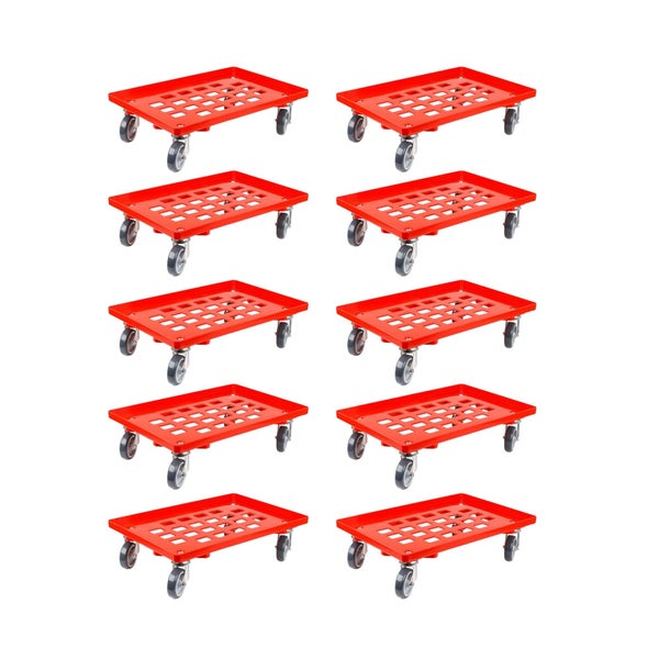 PROREGAL SparSet 10x Transportroller für Euroboxen 60 x 40 cm mit Gummiräder Rot Gitter/Rasterdeck 2 Lenkrollen und 2 Bremsrollen Traglast 300 kg