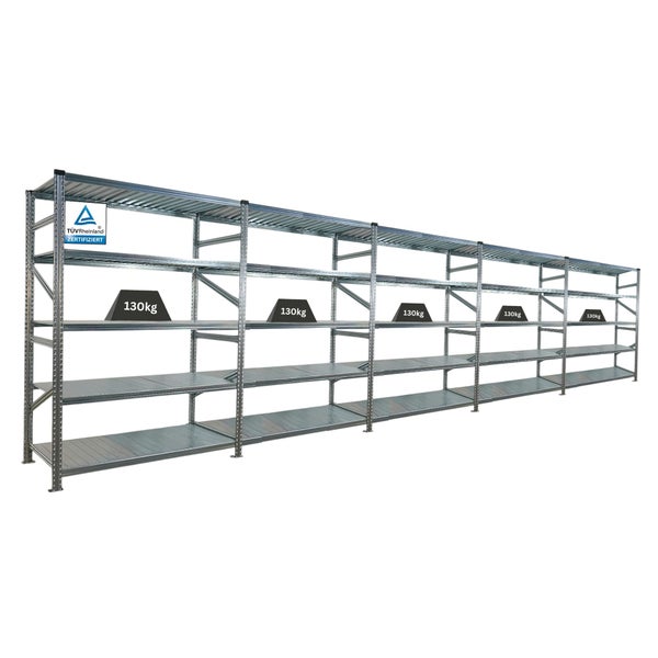 Metallregal mit einer Belastbarkeit von 130 Kilogramm pro Regalboden und TÜV Rheinland Zertifizierung