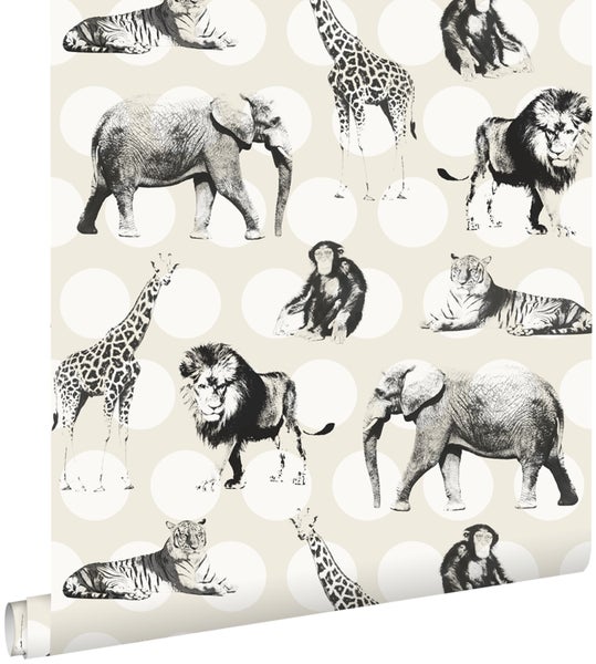 ESTAhome Tapete Tiere auf großen Punkten Weiß und Schwarz - 53 cm x 10.05 m - 128712
