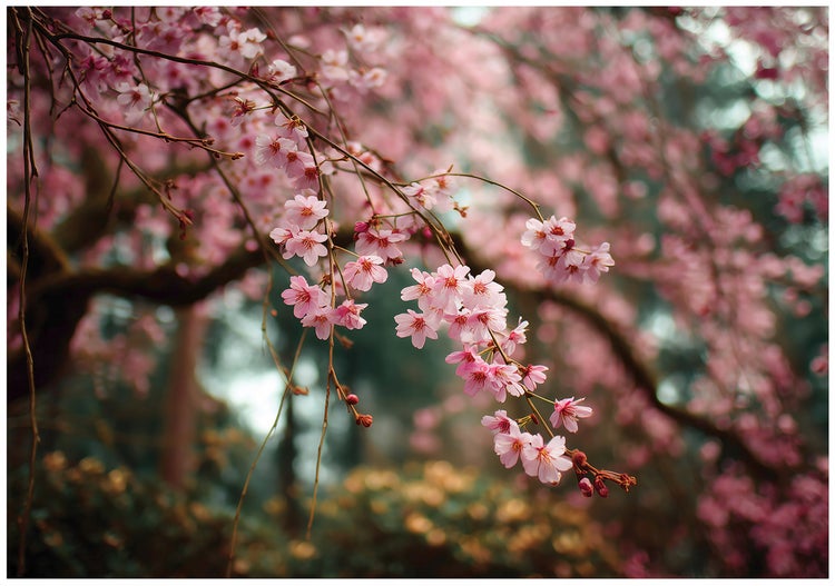 Nahaufnahme von blühenden Zweigen eines Kirschbaums im Frühling mit Fokus auf die Blüten.