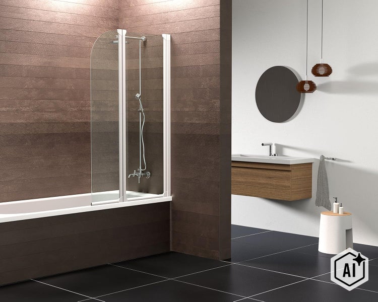 Moderne Badewanne mit klappbarem Duschfaltwandaufsatz aus Sicherheitsglas in einem Badezimmer mit dunklen Fliesen und Holzelementen.