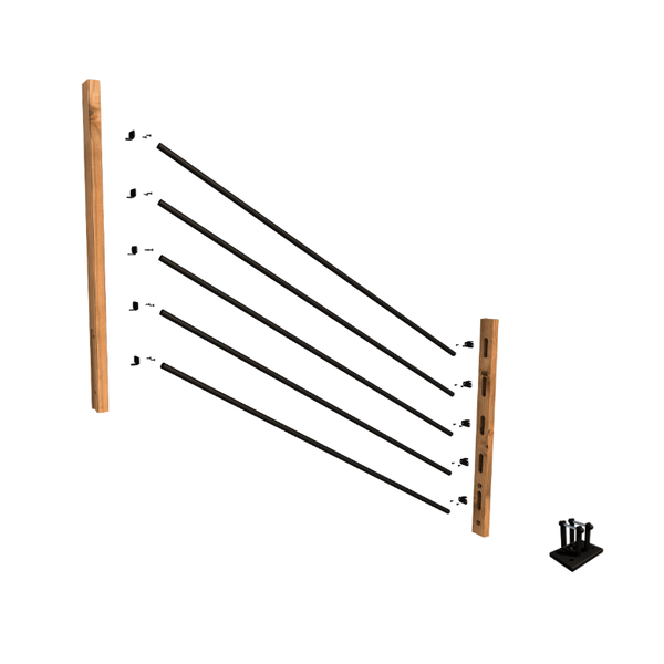 Treppengeländer-Set bestehend aus zwei Holzpfosten, fünf schwarzen Metallstäben und Montagematerial.