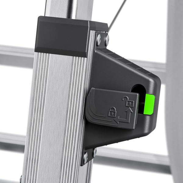 Detailansicht einer Aluminiumleiter mit Verriegelungsmechanismus