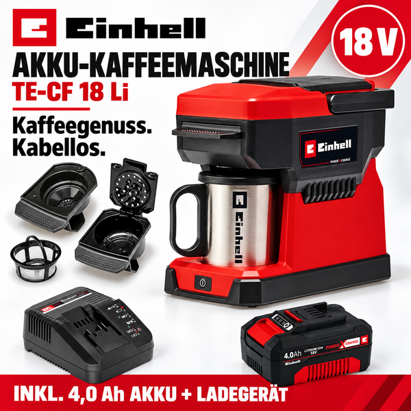 Einhell Akku Kaffeemaschine TE-CF 18 Li mit 18 Volt System, inklusive 4,0 Amperestunden Akku und Ladegerät für kabellosen Kaffeegenuss.