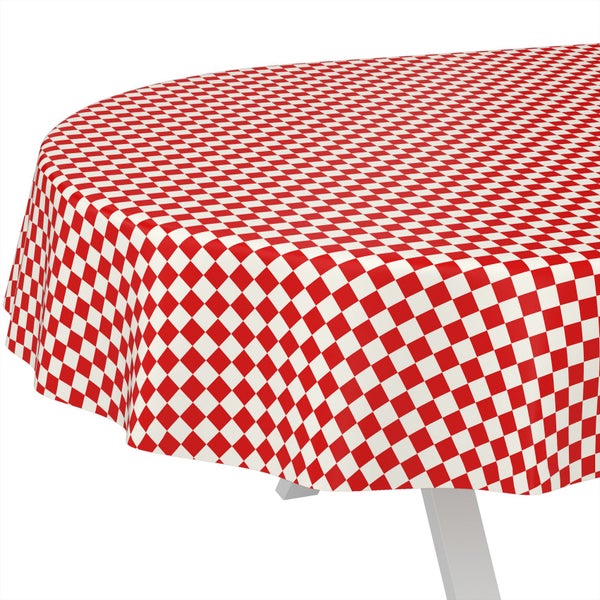 Runde Tischdecke mit rot-weißem Karomuster.