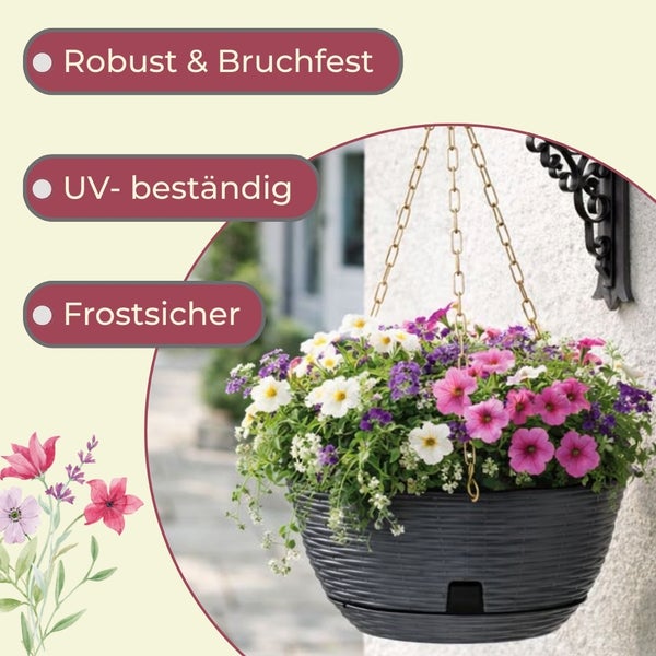 Hängeampel mit Blumen, robust, bruchfest, UV beständig und frostsicher
