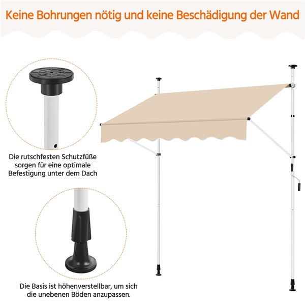 Freistehende Markise mit höhenverstellbarer Basis und rutschfesten Füßen zur Befestigung unter dem Dach