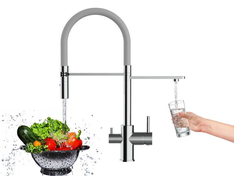 NIEDERDRUCK 3 Wege Wasserhahn Küchenarmatur, FL, mit 360° schwenkbarem Auslauf, abnehmbare 2 strahl Handbrause, Verchromt / Grau
