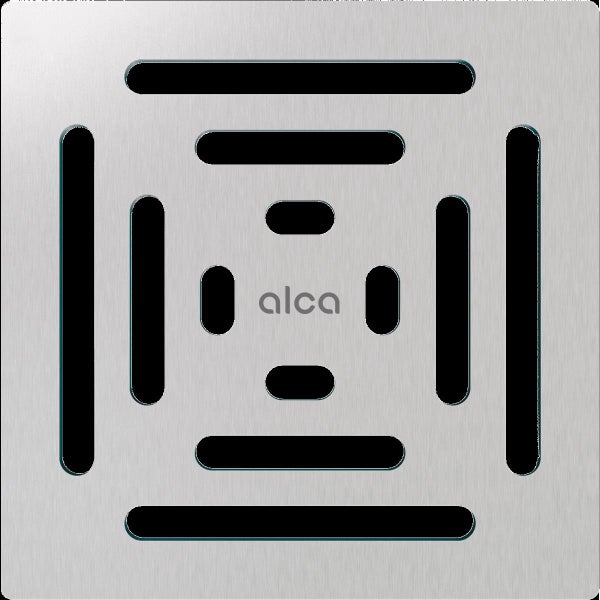 Quadratischer Duschrost aus Edelstahl mit symmetrischen Schlitzen und Alca Logo.