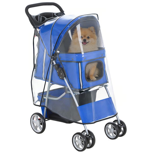 Blauer Hundebuggy mit transparenter Regenhaube, Netzfenster und Ablagekorb. Ein kleiner Hund sitzt im Inneren.