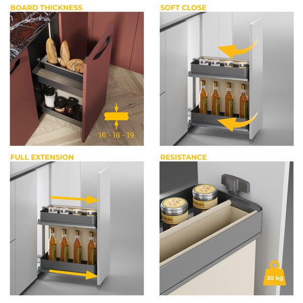 Küchen-Auszugssystem mit zwei Ebenen, Soft-Close, Vollauszug, für Plattenstärken von 16 bis 19 Millimeter und eine Traglast von 30 Kilogramm.
