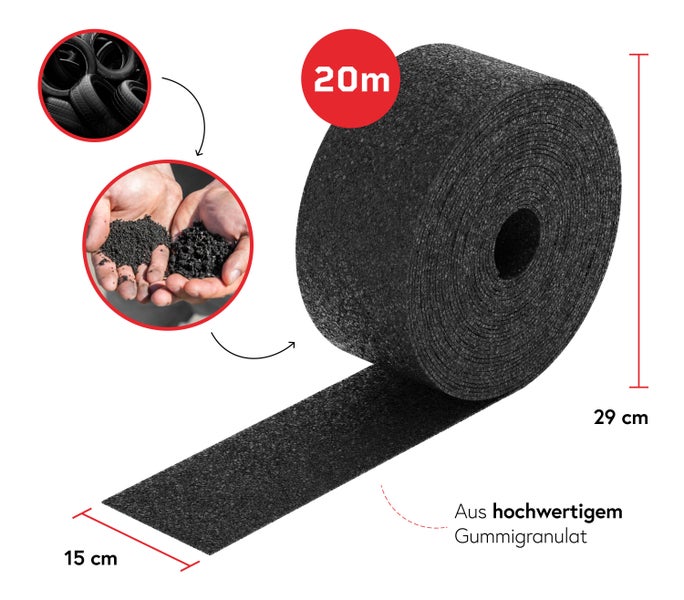 Gummigranulat Rolle aus recycelten Reifen zur Unterlegung, Länge 20 Meter, Breite 15 Zentimeter, Stärke 29 Zentimeter.