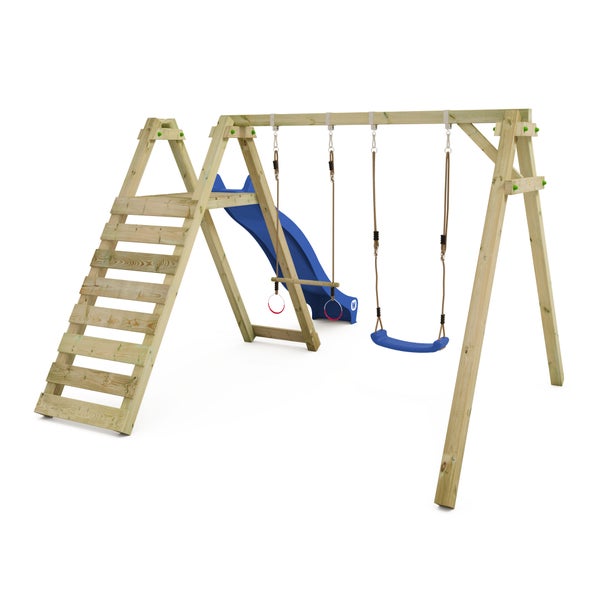 WICKEY Kinderschaukel Schaukelgestell Smart Swift mit Rutsche Schaukel, Schaukelgerüst, Doppelschaukel, Holzschaukel - blau