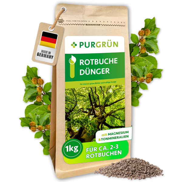 PURGRÜN Rotbuche Dünger in 1 Kilogramm Packung mit Magnesium und Tonmineralien für kräftige Zweige und intensiv grüne Blätter.