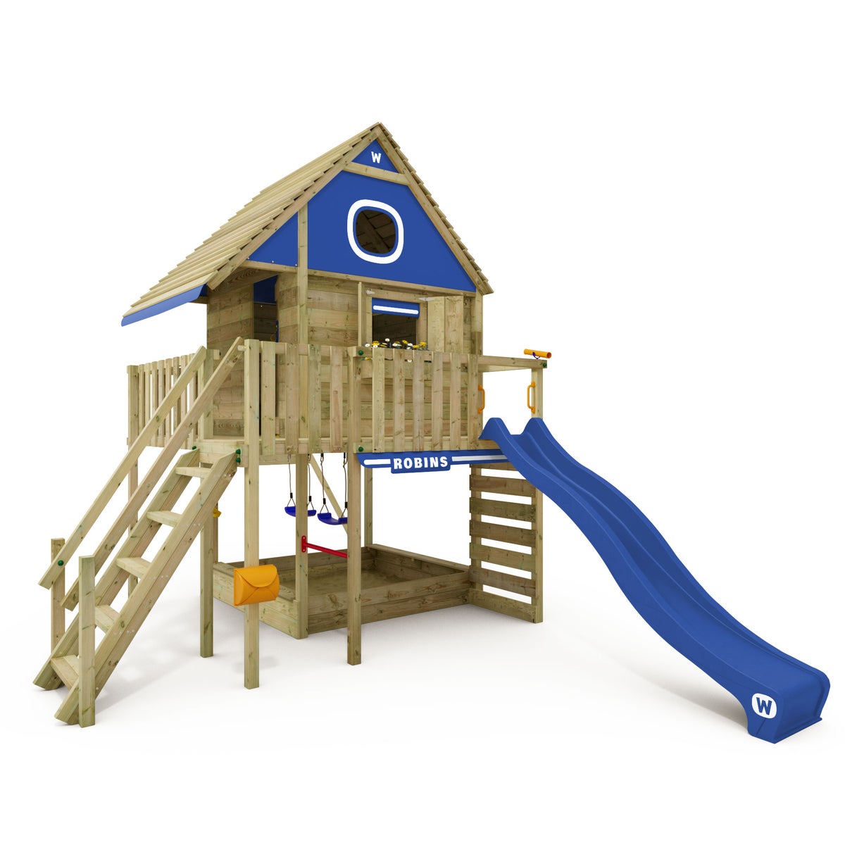 WICKEY Stelzenhaus Smart LakeHouse mit Schaukel und Rutsche,integriertem Sandkasten und großem Spielhaus mit massiver Treppe mit Handlauf, Fenstern, Rollos und Blumenkasten -  blau