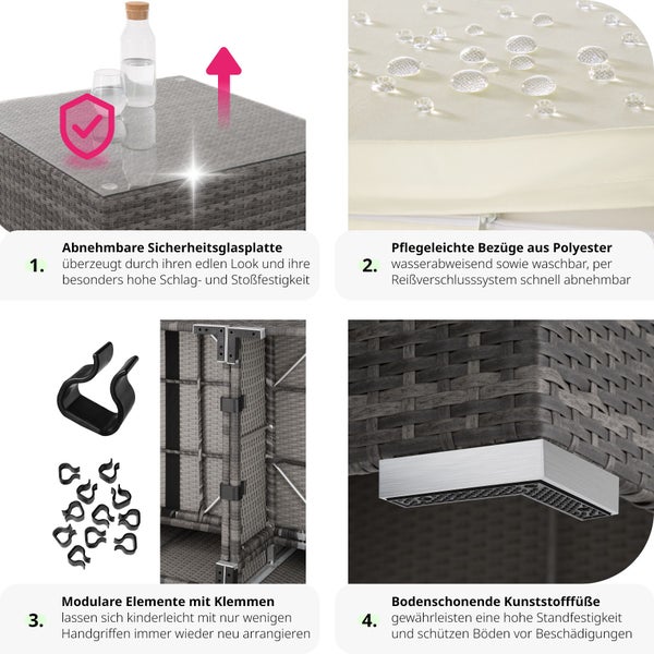 Rattan Lounge tectake Las Vegas mit Sicherheitsglasplatte mit Aluminiumgestell grau