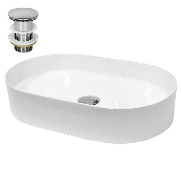 ECD Germany Waschbecken Waschtisch 605x380x125 mm Keramik Oval Weiß inkl. Ablaufgarnitur für Waschbecken ohne Überlauf Aufsatzbecken Aufsatzwaschbecken Aufsatzwaschtisch Waschschale Spülbecken Becken