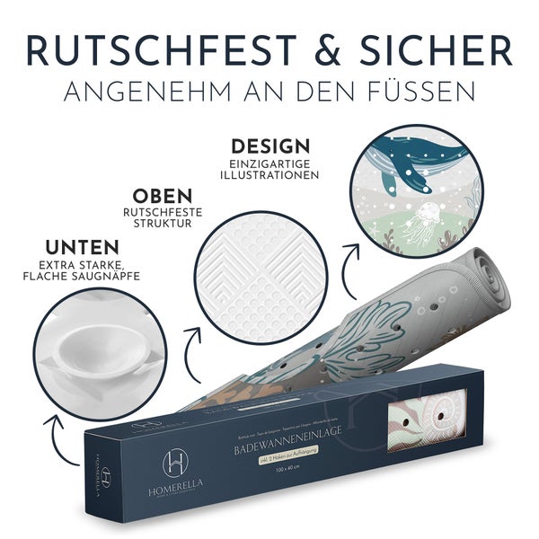 Homerella® Badewannenmatte rutschfest Kinder - 100% BPA frei Inkl. 2 Haken zum Aufhängen 100x40cm - Antirutschmatte Badewanne Baby hautsensitiv, schimmelresistent - Badematte rutschfest