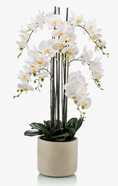 Künstliche Orchidee Phalaenopsis im runden Topf mit weißen Blüten und grünen Blättern.