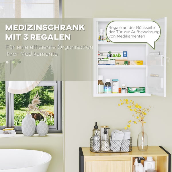 kleankin Medizinschrank, Apothekerschrank mit 3 Fächern, Abschließbarer Medikamentenschrank für Wandmontage, Erste Hilfe Schrank, Arzneischrank mit 2 Schlüsseln, Stahl, Weiß, 40 x 15 x 53,5 cm