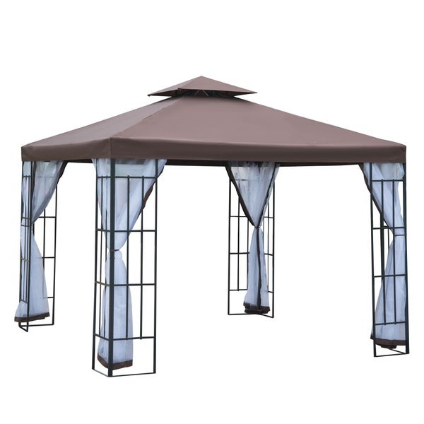 Outsunny Pavillon, Gartenpavillon mit Moskitonetze Seitenwände, 2,97x2,97m, Stahl, Polyester, Kaffeebraun+Weiß+Schwarz