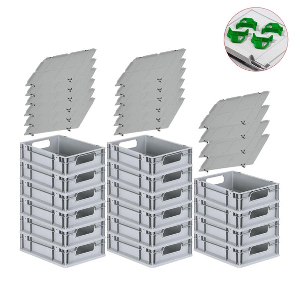 PROREGAL Spar Set 16x Eurobox Nextgen Economy Mit Auflagedeckel & 4x Schiebeschnappverschlüsse Grün Griffe Offen HxBxT 12 x 30 x 40 cm 11 Liter