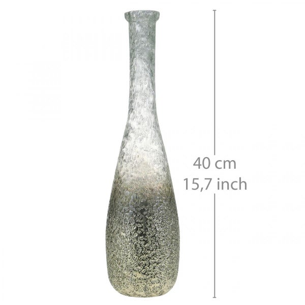 Hohe, schmale Glasvase mit strukturierter Oberfläche und einer Höhe von 40 Zentimetern.