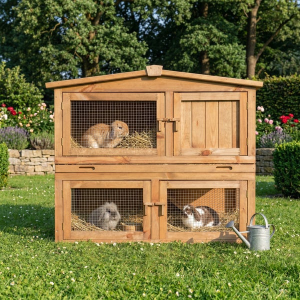 Zweistöckiger Kleintierstall aus Holz mit Kaninchen auf einer hellen Wiese im Garten.