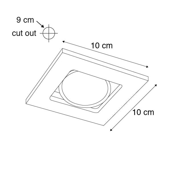 Technische Zeichnung eines quadratischen Einbaustrahlers mit Maßen von 10 mal 10 Zentimeter und einem Lochausschnitt von 9 Zentimeter.