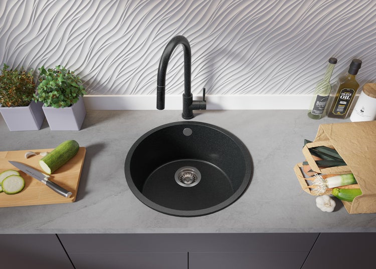 PRIMAGRAN Spülbecken Rund Anthrazit 46x46cm, Granitspüle 1 Becken + Ablauf-Set, Küchenspüle ab 50er Unterschrank - Valletta Slim