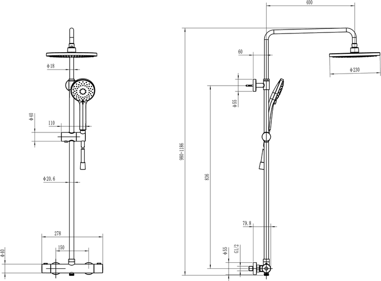 Villeroy & Boch Duscharmatur Universal Showers, Duschsystem mit Brausehalter, Handbrause, Thermostat und Regendusche, Chrom