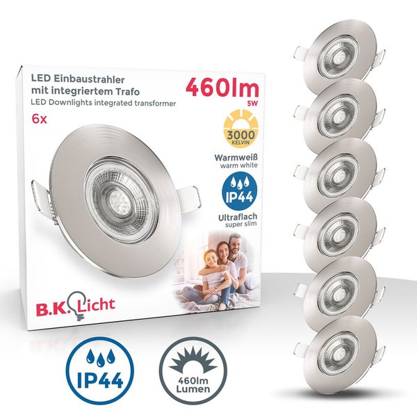 Einbaustrahler 68mm 6er Set - 230V, 4,9W, 480lm, LED, IP44, warmweiß, matt-nickel