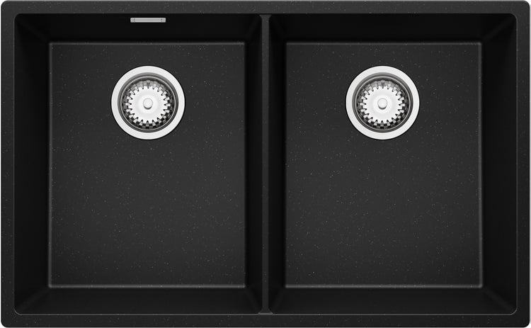 PRIMAGRAN Spülbecken Schwarz Metallic 76x47cm, Granitspüle 2 Becken + Ablauf-Set, Küchenspüle ab 80er Unterschrank - London Slim Twin