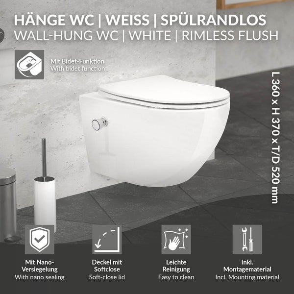 ECD Germany Spülrandloses Hänge WC lang 52 cm Weiß mit Bidet-Funktion, Nano Beschichtung, Wand-WC Keramik, Toilette mit WC-Sitz abnehmbar Duroplast Softclose Absenkautomatik, Tiefspüler Lotus Effekt
